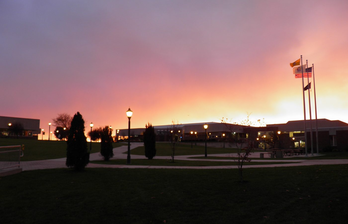 Rowan College of South Jersey campus at dusk in Sewell, New Jersey