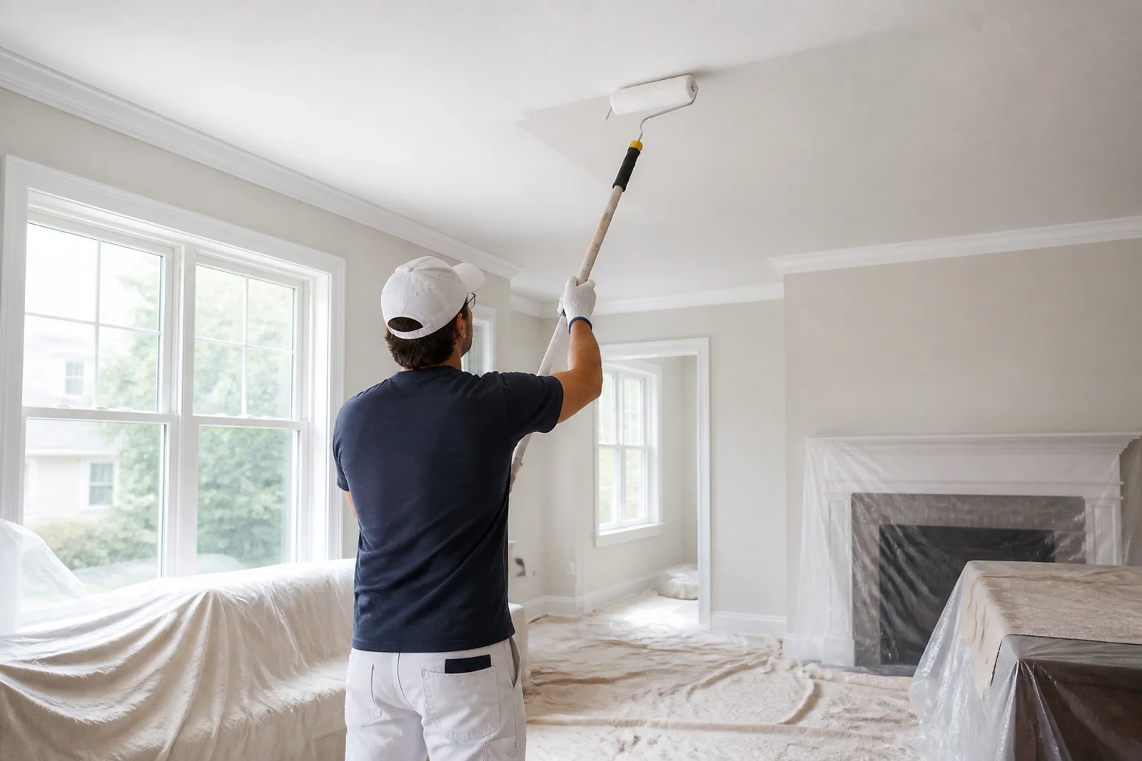 Professional painter rolling a white residential ceiling in a fully protected room