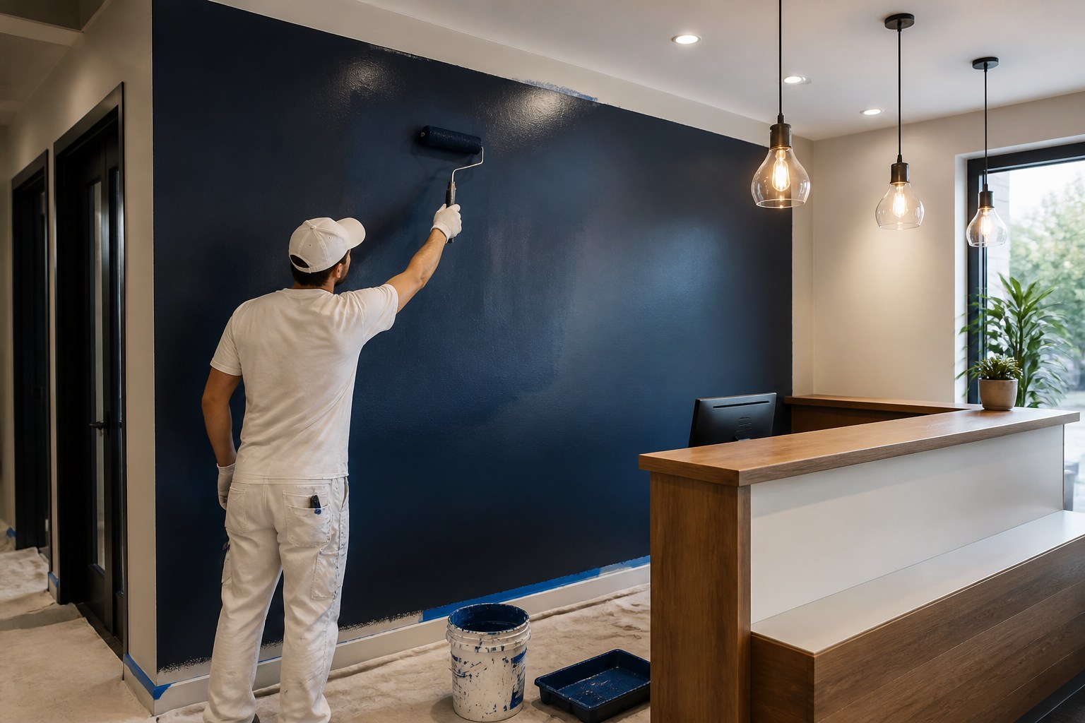 Professional commercial painter working in a business space