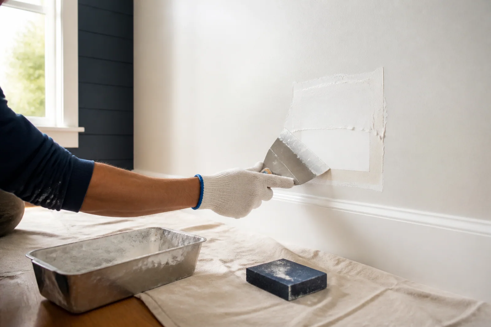 Wall patch being feathered with joint compound as part of professional paint preparation