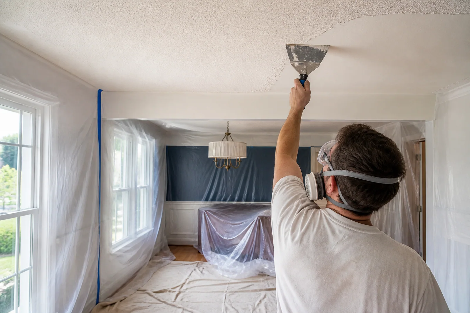 Contractor removing a textured popcorn ceiling in a protected room