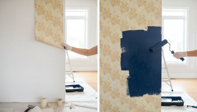 Wallpaper being removed and a wall repainted a deep blue by JM Painting Services